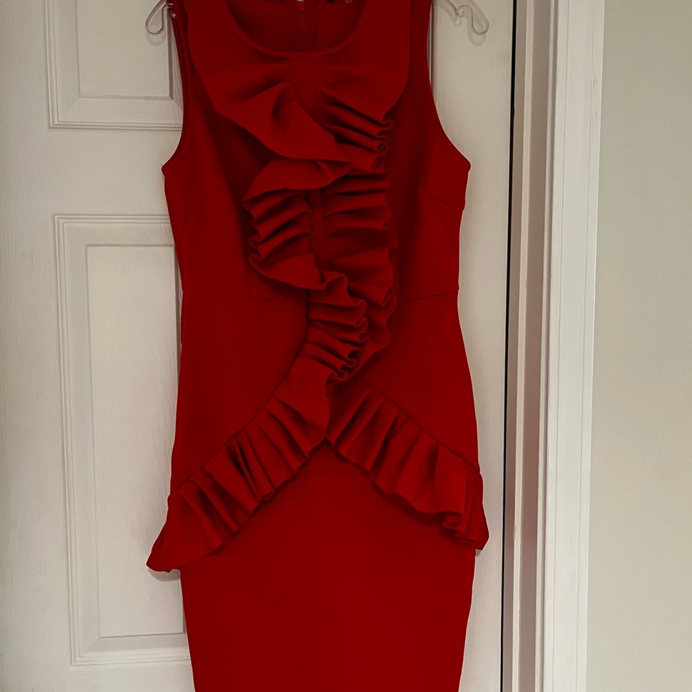 COCOSHIP Vibrant Red Midi Dress with Ruffles